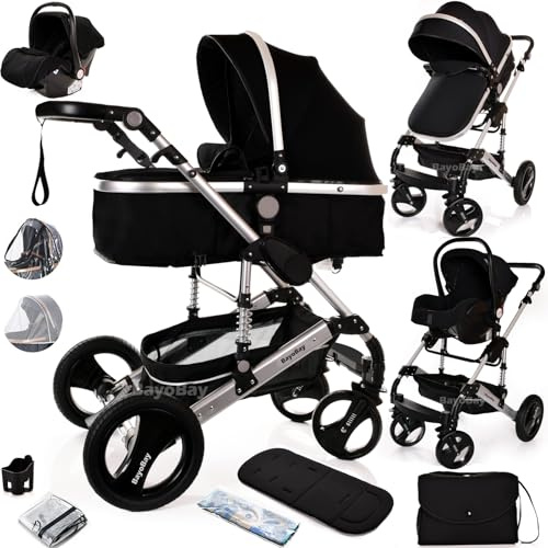 Baby Pram & Pushchair Travel System 3 in1 with Car Seat - Lightweight Folding Buggy Stroller for Newborns 0-36 Months (Black - Silver Frame)