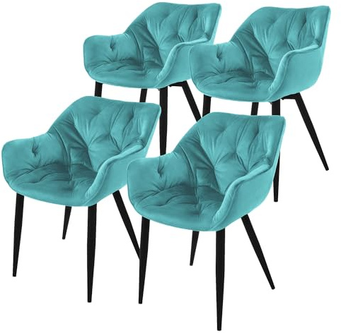 ML-Design matsalsstolar set om 4, petrol, köksstol med tjock sammetsklädd sits, metallben, vardagsrumsstol med ryggstöd och armstöd, quiltad stoppad stol, ergonomisk fåtölj