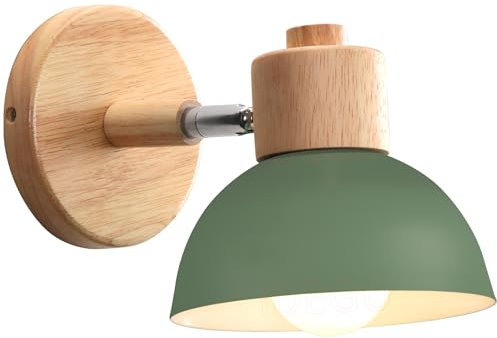iDEGU Lampada da Parete Retrò Vintage Applique da Parete Interno in Metallo e Legno Moderne Faretto da Muro Orientabile E27 Luce da Camera da Letto Soggiorno Corridoio Caffè (1 Pezzo, Verde Oliva)