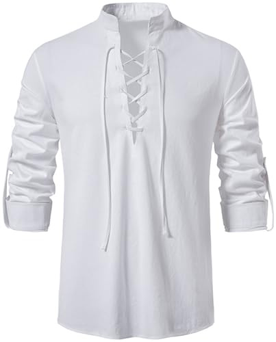 Rodawu Camisa vikinga/Henley para hombre, azul, talla regular, manga larga, cuello con cordón, color sólido, perfecta para hombres, entusiastas de la historia, edades versátiles, blanco, L