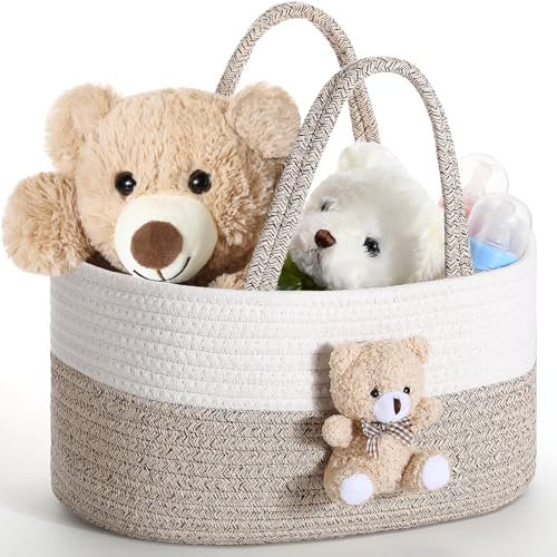 FoldTier Diaper Caddy Organizer Teddy Bear Basket for Nursery with Handle Baby Shower Storage Bin Portable Cotton Rope Gift Bag for Changing Table Cart Car Baby Wipes Newborn Essentials(Gray White)