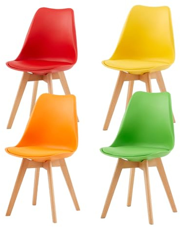 H.J WeDoo 4er Set Esszimmerstühle im Skandinavischen Stil,4 Küchenstühle in Modernen Hellen Farben,Gepolstert in PU mit Buchenholz Beine,Gelb+Rot+Grün+Orange
