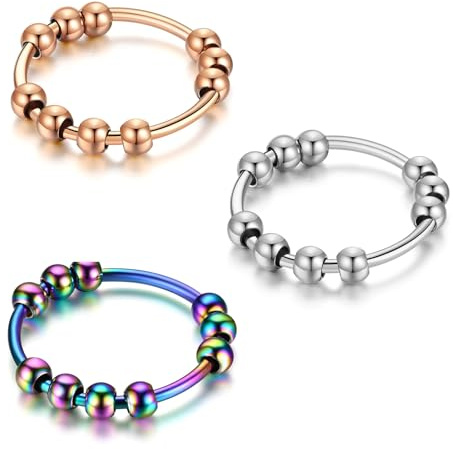 DHWEKU 3 Stücke skill ringe,Anti-Stress Dekompression Angstring Zum Drehen Stressabbau Aus Edelstahl Für Damen, Frauen Und Mädchen,stress ringe zum drehen,stressabbau(Silber/Gold/Farbe)