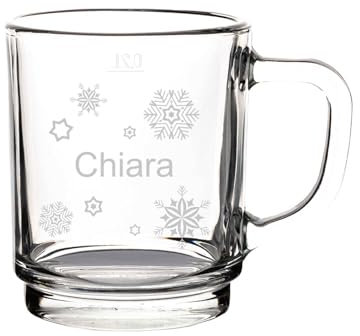 LUXENTU Glühweintasse mit personalisierter Gravur, Teeglas 250 ml, Geeichter Glasbecher bei 0,2 Liter, Wichtelgeschenk-Idee, Motiv: Schneeflocken, 1 Stück