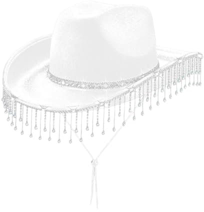 APLVFFZH Damen Cowboyhut Trendy mit Strass Fransen Kostüm Accessoire Cowgirl Hut, Weiß