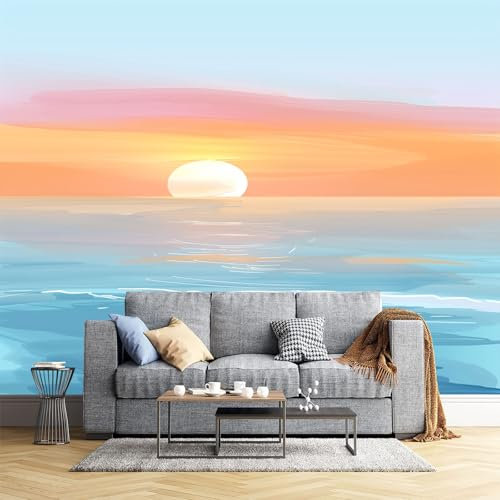 JEDTAKCT 300X210Cm Seidetapete Meer Sonnenuntergangtapete Elegance Tapete Im Traumhaftes Ölgemälde Design Tapete Wandtapete Wohnzimmer Schlafzimmer Flur Strukturtapete