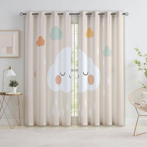 Niedliche Smiley-Wolke Verdunkelungvorhänge 3D Cartoon-Wolken Regen Ösen Vorhang 2Er Set H166 x B75 cm Verdunkelungvorhang Blickdicht Fenstergardinen Kinderzimmer Schlafzimmer Wohnzimmer Thermovorhang