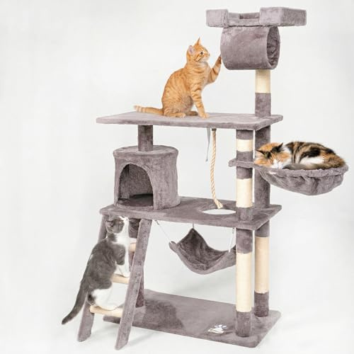 CASA Basics Rascador para Gatos PILLI 141 cm, Árbol con Plataformas y Accesorios para Jugar y Descansar Centro de Actividades Torre de Gatos Rascador para Gatos Casa para Gatos (Gris)