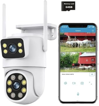 Utomhus wifi-övervakningskamera, 3K 6MP dubbellins IP-kamera, utomhus, IP, utomhuskamera, PTZ dubbelskärm 64G SD-kort, nattfärg, rörelsedetektering, tvåvägsljud IP66