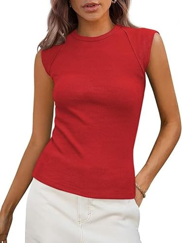 Sukiglam Camiseta Sin Mangas Mujer Verano Camisetas con Cuello Redondo Elegantes Slim Fit Ribbed Tank Tops Básica Casual Blusas Ajustado Camisola Shirt Color Sólido Chalecos Top para Oficina