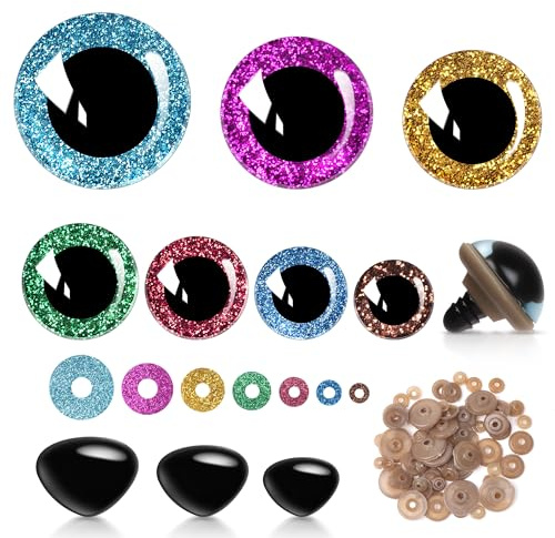 90 Stück 12-30mm Sicherheitsaugen Set, Bunte Glitzer Knopfaugen mit Sicherheitsnasen und Unterlegscheiben, Kunststoff Augen zum Basteln, Puppenherstellung und Plüschtier (100)
