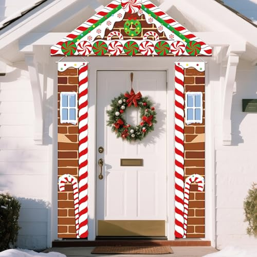 3 Stück Weihnachten Banner Tür Deko 180 X 30 cm, Weihnachtsbanner mit Zuckerstangemuster, Weihnachten Türbanner, Weihnachtsdeko Tür Banner für Drinnen Draußen Haustür, Veranda, Garten, Hof, Tor