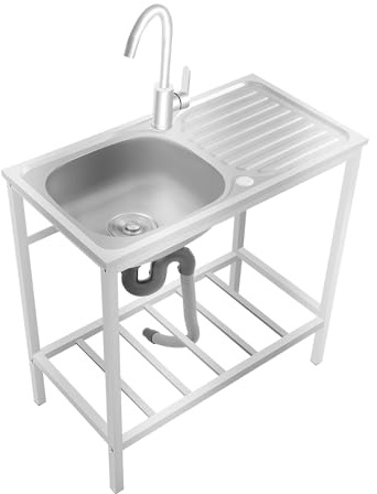 Free Standing Single Bowl Kitchen Sink, Outdoor Stainless Steel Utility Sink with Cold and Hot Water Faucet, Portable Washing Hand Basin Station for Kitchen, Garage, Backyard