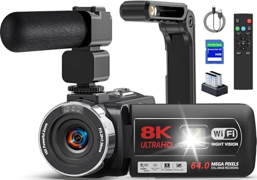 Caméscope 8K 64MP WiFi Caméra Vidéo avec Vision Nocturne IR pour Youtube, Écran Tactile 3.0 Zoom Numérique 18X Webcam Vlogging Camera avec Microphone, Stabilisateur, Télécommande, Carte SD et 2 Piles