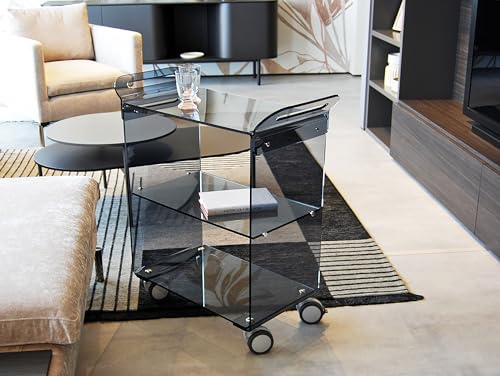 Slato Newman Fumè Carrello con Ruote da Soggiorno, Cucina, Portavivande, Vetrinetta Mobile di Design a Tre Ripiani in Cristallo Acrilico Made in Italy, cm. L.71 x P.33 x H79
