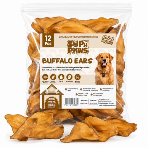Supa Paws 12 Pieces 100% Beef Air Dried Cow Ears for Dog, 100% Natural Beef Pet Treats, Long Lasting Dog Treats, Hypoallergenic & Low Fat Dog Chews, Dental Treats Grain & Gluten Free Beef Ears 12 Pack