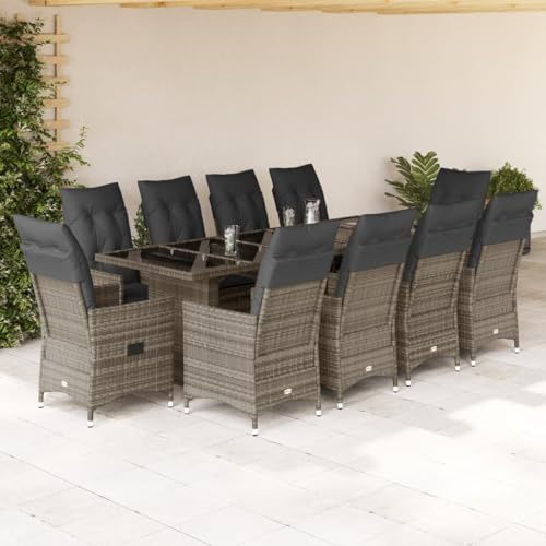 RMIHSJG Ensemble bistro de jardin de 11 pièces avec coussins gris en polyrotin, dossier réglable et housses amovibles pour terrasse et balcon, plateau de table en verre trempé