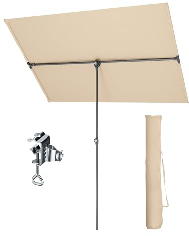 PHI VILLA 180x130cm 360°Drehbar Sonnenschirm mit Hülle & klemme, Aluminium Balkonschirm Höhenverstellbar Windfest Stabil zum Mitnehmen, UV50+ Schutz für Balkon Terrasse Balkongeländer Tisch, Beige