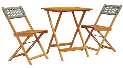 Foknhdi 3-TLG. Bistro-Set Grau Akazienholz & Poly-Rattan klappbar 60 x 60 x 75 cm platzsparend Robustes Gartenmöbel-Set für Balkon Terrasse und kleinen Garten