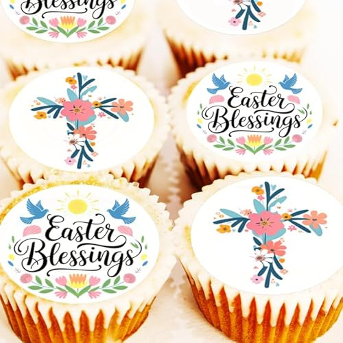 Easter Blessings Cake Toppers - Pre Cut - Flower Cross Cupcake Decorations - Icing or Wafer - 4cm x 24 - Christian Easter Spring Cakes (wafer)
