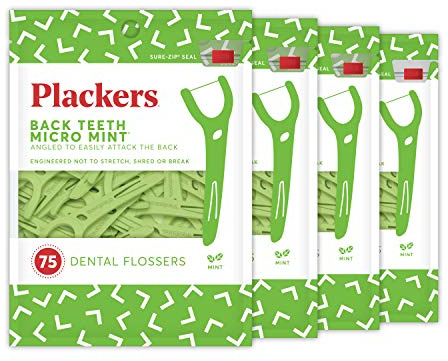 Plackers Back Teeth Micro Mint Dental Flossers, Delicious Mint Flavor, Provides Easy Access for Back Teeth, Built-in Protected Pick, Easy Storage, 75 Count, Pack of 4