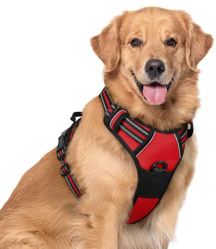 rabbitgoo Hundegeschirr Grosse Hunde Anti Zug mit Griff, XL, Rot | No Pull & Individuell Anpassbar, Atmungsaktiv Gepolstert, 2 D-Ringe, Schnellverschlüsse, Reflektierend für Gassi & Training