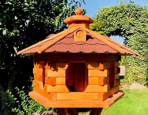DARLUX Handgefertigtes wetterfestes Sechseck Vogelhaus aus Holz | Größe L | Vogelfutterstation, lasiert, Outdoor, Garten, Balkon, Futterhaus, Futterhäuschen (Größe L ohne Ständer, Rot - Braun)