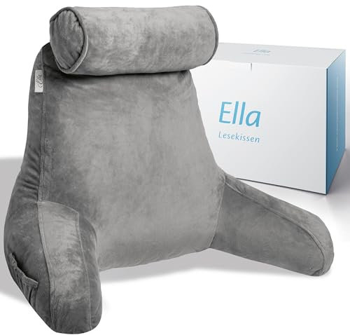 Ella Lesekissen für Bett und Sofa mit Abnehmbarer Nackenrolle - Rückenkissen Bett - Reading Pillow aus Memory Foam mit Armlehne, Ideal zum Lesen, Fernsehen, Faulenzen oder als Rückenstütze - Grau