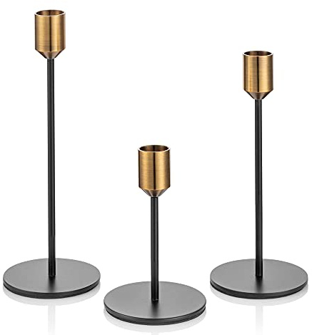 Romadedi Kerzenständer Gold & Schwarz - 3er-Set Hoch Kerzenhalter Unterschiedlicher Größe für Stabkerze Kerzen Metall Vintage Modern Deko Tischdeko für Weihnachten Hochzeit Wohnzimmer, 24/20/14 cm