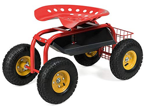 Quadratischer Gartenwagen mit 4 Rädern, Rollsitz für Terrasse, Werkzeugablage und Aufbewahrungskorb, Outdoor-Wagen, Roller zum Bepflanzen, Gummireifen und verstellbare Höhe für Rasen, Garten,