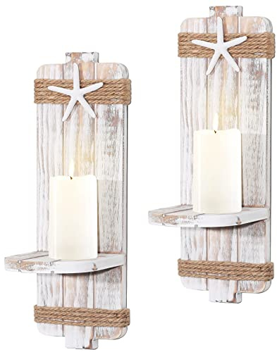 Disdressed Starfish Wall Candle Sconces (Set of 2) - Beach Decor, Ocean Themed Wall-Mount Candleholders, Nautical Style Beach Bathroom Decor, Coastal Farmhouse Seashell Candle Holders