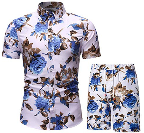 AOTORR Men's Tracksuit Summer 2 Pieces Floral Sweatsuit Outfit Casual Short Sleeve T-Shirt and Shorts DC03 Blue L