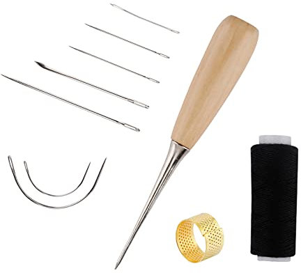 Leder Nähen Set Leder Werkzeug Set 10 Stück Lederhandwerkzeug mit Bohr-Ahle, Gewachstem Faden, Hand-Nähnadeln und Fingerhut für Näharbeiten für Matratzen Reparieren Leder Teppich
