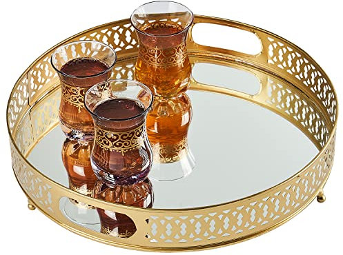 Marrakech Nikita - Bandeja redonda con espejo (30 cm, redonda, de metal con borde alto), color dorado