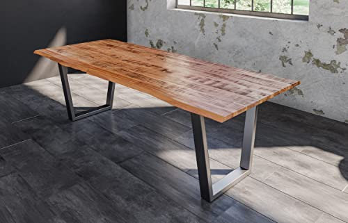 SAM Esstisch Dora 300 x 100 cm, Mangoholz massiv, lackiert & naturfarben, Baumkantentisch mit V-Metallgestell in Silber, echte Baumkante, 26 mm