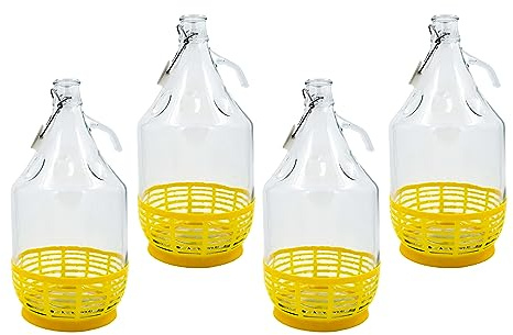 WYSKONT Bouteille de vin Ballon à col étroit avec Couvercle pivotant et Panier pour Le Stockage de Boissons fermentées en Verre Transparent, hermétique, Lot de 4 x 5 l