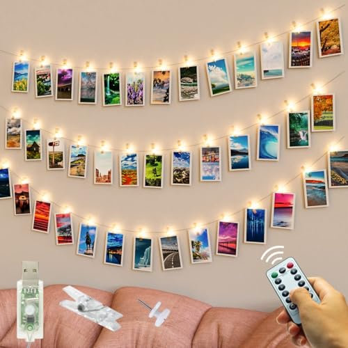 50 LED Photo Clip Fairy Lights, USB Plug in Remote Control with 8 Modes Photo Peg Fairy Lights with 30 Clips & 10 Nails Hanging String Photo Frames Decoration for Bedroom Wedding Party Birthday