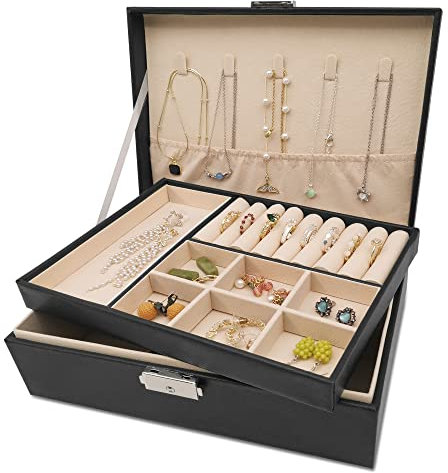 Pahajim Joyeros Mujer Organizador, Jewelry Box 2 Niveles de Piel PU, Guarda Joyas con Llave Caixa de Joias para Pendientes, Anillos, Collares