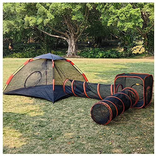 KUCDBUN Katzengehege im Freien, 4 in 1 Outdoor Katzenzelt mit Katzentunnel DIY auf mehrere Möglichkeiten, Katzenlaufstall Spielzelte für Katzen Kaninchen Frettchen und Kleintiere, Indoor/Outdoor