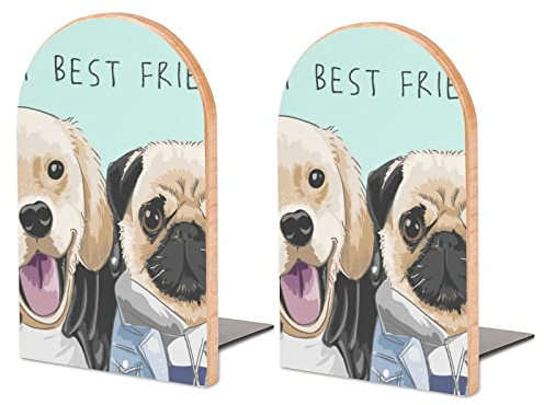 Packung Mit 2 Buchstützen Hund Mops Rutschfester Bücherständer Aus Holz Bücherregal Bücherhalter Für Home Desk Office Library