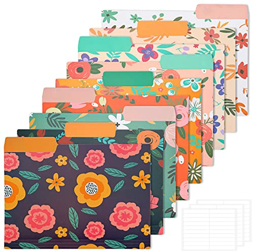EOOUT Lot de 9 dossiers décoratifs en plastique avec onglets 1/3 pour documents avec motifs floraux colorés et étiquettes de catégorie effaçables pour notes, fournitures de bureau et scolaires