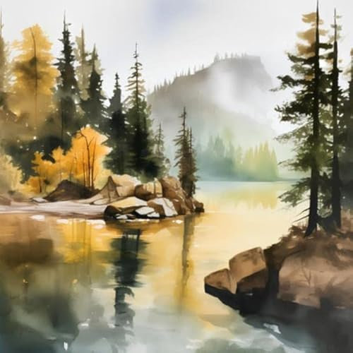 adrium Acryl-Bild 50 x 50 cm: Aquarell Herbstlandschaft mit See, Wald und Bergen. Digitale Zeichnung (201108987)