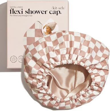 Kitsch Luxury Shower Caps for Women Reusable Waterproof - Flexi Satin Lined, Large Wide Shower Cap for Women & Men, Adjustable, Stylish Hair Cap for Shower, For Long & Short Hair - Terracotta Checker