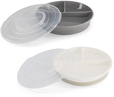 Twistshake Assiette Divisée Avec Couvercle Hermétique - Set De 2 | Assiette Divisée Pour Enfants | Sans BPA | Assiette D'alimentation | Gris Blanc