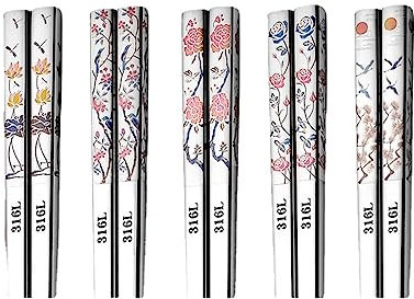 SALFEE 5 paia di bacchette in acciaio inox Cherry Blossom stoviglie cucina cinese bacchette titolare