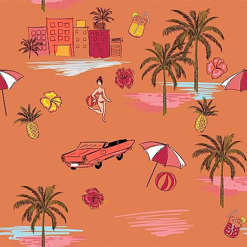 VEELIKE Tapete Insel Orange Selbstklebende Tapete Floral Handgezeichnet Mustertapete Tropische Tapete Sommer Strand Palmen Fototapete Schlafzimmer Orange Dschungel Tapete Kinderzimmer 44.5cm×300cm