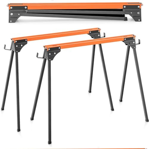 HOMFME Folding Sawhorses, 1000KG Capacity Twin Pack Workbench with Support Arms, Portable Lightweight Metal Work Trestle Stands for Garage Workshop (Orange + Black，97 x 47 x 76 cm)