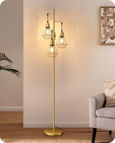 EDISHINE LED Stehlampe Wohnzimmer, 3 flammige Retro Stehlampe dimmbar, 4W E27 LED Leuchtmittel & Drehschalter, Industrial deko Standleuchte mit Käfig-Lampenschirm aus Metall, 2700K, Höhe: 166cm, Gold