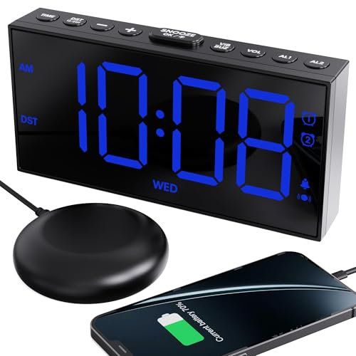 Despertador Potente y Sonido Fuerte para Sordos&Duermen Profundamente, Reloj Despertador Digital,Pantalla Grande de 7 '' y Atenuador, Alarma Doble, Cargador USB, Horario de Verano de 12/24