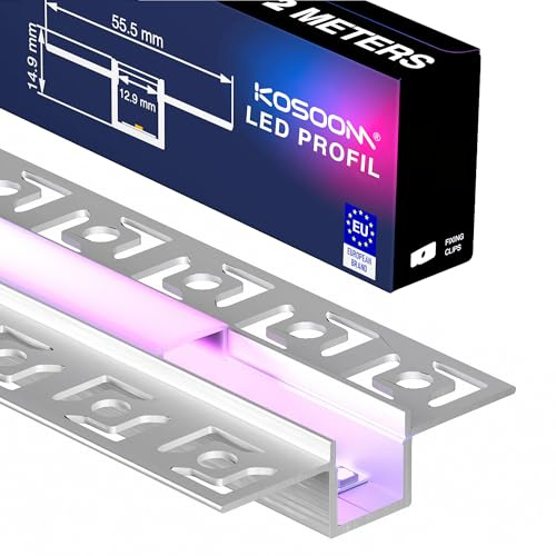 KOSOOM 6 LED Fliesenprofil 2m, Lichtdiffusor-Schiene für LED-Streifen, LED Unterputzprofil Maße 55.5mm x 12.9mm Innenbreite 12 mm, mit milchweißer PC-Abdeckun